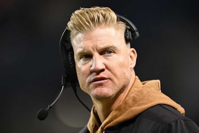 Nov 9, 2023; Chicago, Illinois, USA; Carolina Panthers quarterbacks coach Josh McCown watches his team play against the Chicago Bears at Soldier Field.